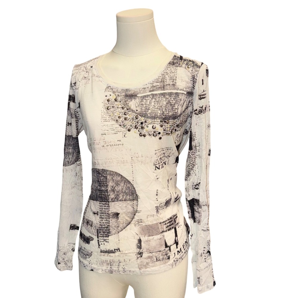 Marc Aurel Newspaper Print Top Women XL White Excellent Mesh Studded Y2K